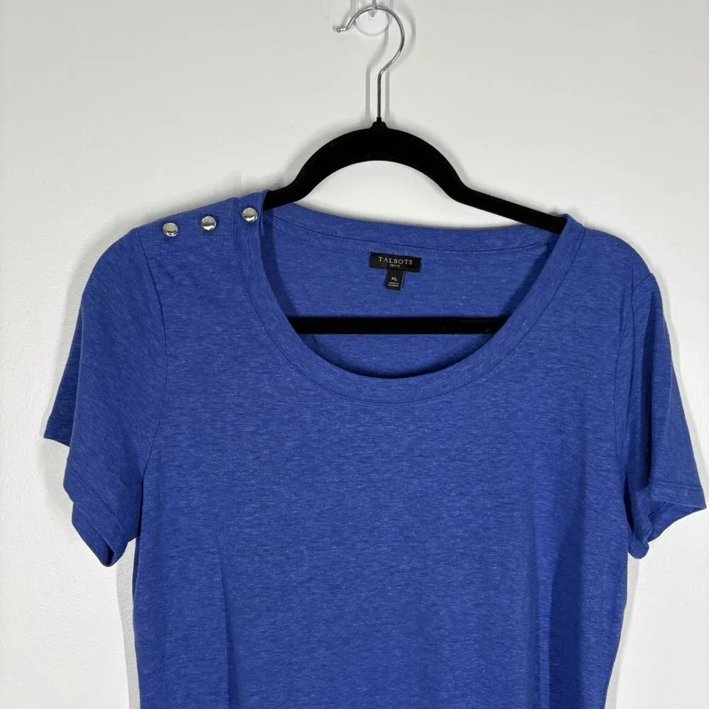 Talbots Petite MP Blue Button Shoulder Scoop Neck Short Sleeve Linen Blend Tee